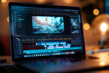 video editting timeline on the computer screen bokeh background