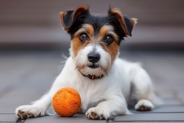 Jack Russell Terrier with Orange Ball. A Jack Russell Terrier sitting attentively with an orange ball, showcasing a sharp and curious expression.

