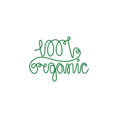 100% organic emblem or logo design, continuous line drawing, natural organic food concept, hand lettering, neon, banner, poster, flyers, marketing, one single line on white background, isolated vector