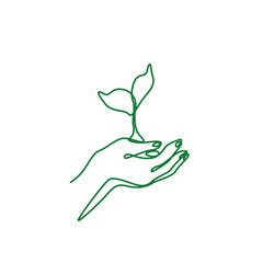 Hand holding green leaf, eco icon. Growing plant in hand palm. print for clothes, t-shirt, emblem or logo design, continuous line drawing, small tattoo, isolated vector illustration.