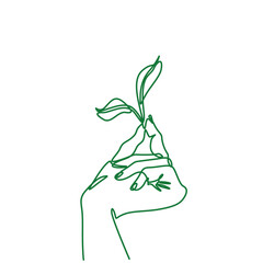 Hand holding feaf, eco icon. Growing plant in hand palm. print for clothes, t-shirt, emblem or logo design, continuous line drawing, small tattoo, isolated vector illustration.