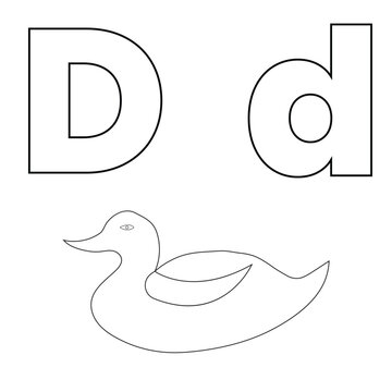 Letter D for Duck, Vector illustration of kids alphabet coloring book page with outlined clip art for color children's book.
