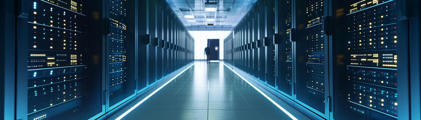 Long corridor of a data center server room lined with equipment racks illuminated by blue LED lighting, emphasizing modern technology infrastructure. - obrazy, fototapety, plakaty