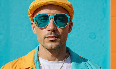Portrait of a handsome man in a yellow cap and sunglasses on a blue background