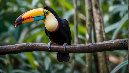 A close-up of a toucan perched on a tree branch with its front claws holding onto the surface, looking at the camera. 