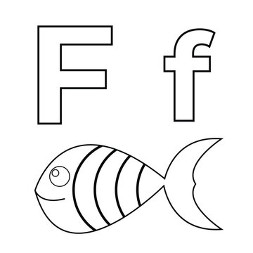 Letter F for Fish, Vector illustration of kids alphabet coloring book page with outlined clip art for color children book.