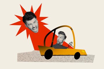 Creative collage picture image young man driving car escaping shouting outraged angry boss mental...