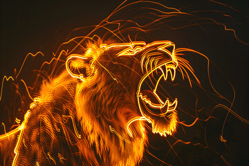 Striking neon outlines of a fierce roaring lion with electrifying yellow and orange light trails isotated on black background. Created with generative AI.