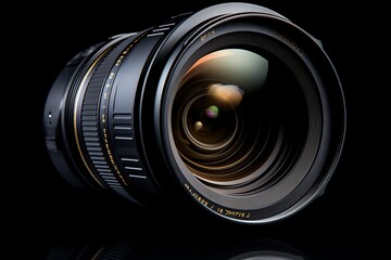 Camera lens on black background, close-up.