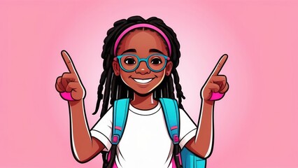 An African-American elementary school girl with a backpack , showing a thumbs-up on a pink background. A happy student girl celebrates freedom by recommending the best education choice. - obrazy, fototapety, plakaty