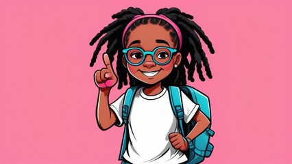 An African-American elementary school girl with a backpack, showing a thumbs-up on a pink background. A happy student girl celebrates freedom by recommending the best education choice.