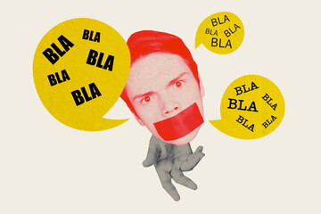 Photo collage young head body fragment young man closed mouth tape muted speechless blocked...