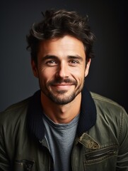 Fototapeta premium Handsome bearded man smiling on gray background, happy man