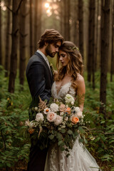 Portrait of a serene image of a bride and groom in a lovley darkgreen forest Wallpaper Digital Art Magazine Background Poster Card