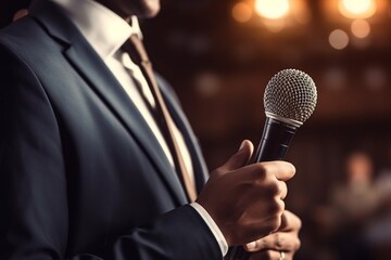A businessman in a suit speaks at a conference. A man with a microphone in his hands in a conference room. The speaker-teacher teaches students.