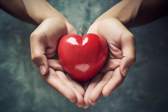 Female hands holding red heart on dark background. Toned image. Ai Generated.