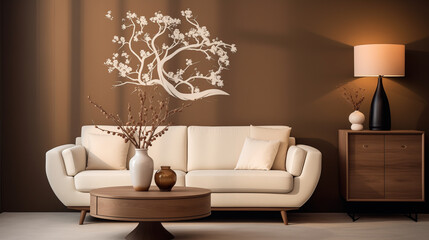Cozy Living Room Interior with Beige Sofa and Nature-Inspired Wall Decal