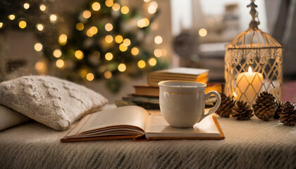 Obraz na płótnie Canvas Cup of tea and paper book, cozy room decorated for Christmas, glowing lights. Winter holiday season.