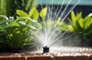 Sprinkler with automatic system. Garden Watering System Watering Lawn, Automatic Lawn Sprinkler Watering Green Grass.