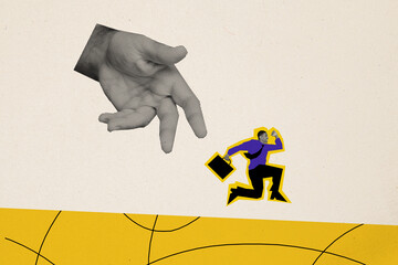 Creative photo collage poster running young businessman human hand ambitious worker rush hurry...