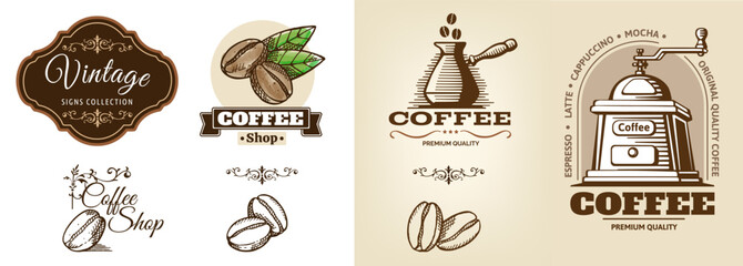 Vintage signs collection with coffee beans. Vector Illustration - obrazy, fototapety, plakaty