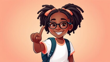 An African-American elementary school girl with a backpack, showing a thumbs-up on peach fuzz. A happy student girl celebrates freedom by recommending the best education choice.