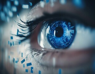 Close-up of a blue eye with numbers and numerical elements around the pupil or outside the eye. 