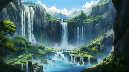 Poster Fantasy landscape with waterfall. Digital painting © Lohan