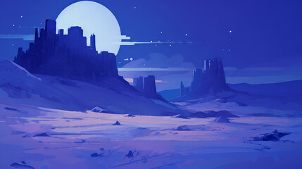 Fantasy landscape with mountains, moon and stars. Digital illustration