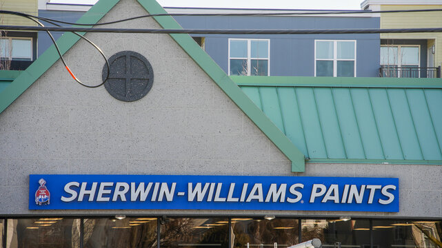 NORWALK, CT, USA - FEBRUARY 9, 2024:   Sherwin Williams paint shop building near Post road in Norwalk in nice sunny winter day