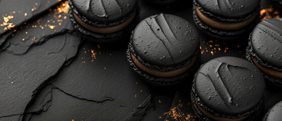 Black macarons with chocolate on black background with golden decoration. Pastry food mockup.Flat lay. Generative ai