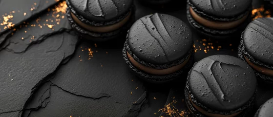 Fotobehang Black macarons with chocolate on black background with golden decoration. Pastry food mockup.Flat lay. Generative ai © Inai