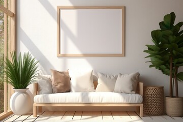 Living room with blank white mock up photo frame on the wall