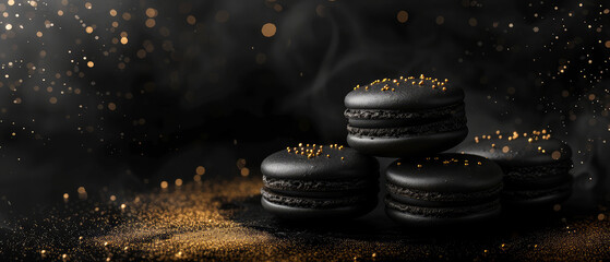 Close up dark macarons with chocolate on black background with golden decoration. Pastry food mockup. Generative ai