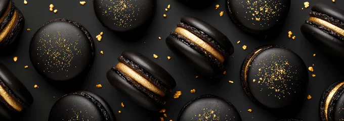 Keuken spatwand met foto Black macarons with chocolate on black background with golden decoration. Pastry food mockup.Flat lay. Generative ai © Inai