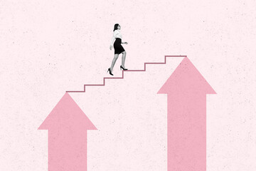 Creative trend collage of successful female walk up stairs motivation achievement motivation weird...