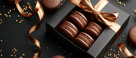 Keuken spatwand met foto Dark chocolate macarons in gift box on black background with golden decoration. Pastry food mockup. Layout,  flat lay. Generative ai © Inai