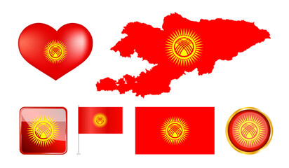 New flag of Kyrgyzstan as heart, map, circle vector illustration