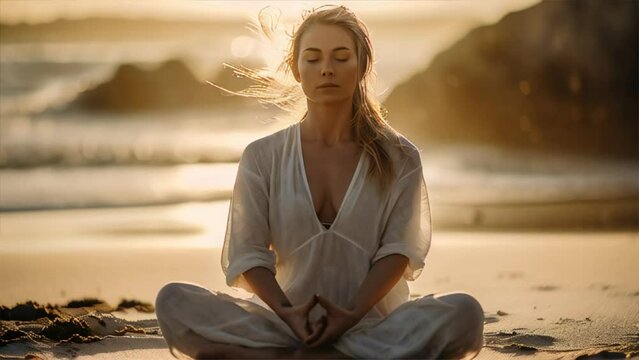 Young woman practicing yoga on the beach at sunrise