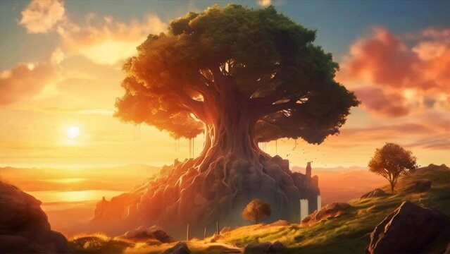 Big majestic lone tree in a beautiful landscape at sunset