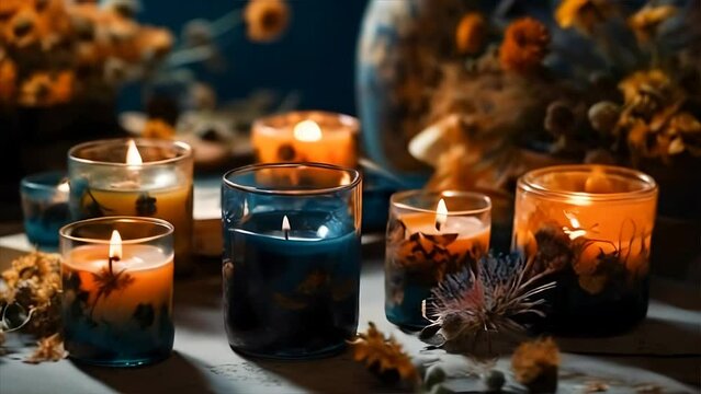Wellness and spa concept animation with colored flowers and lit candles