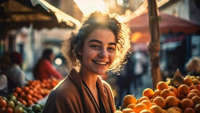 A smiling girl selling fresh fruit at the market in the morning