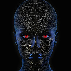 portrait of a person's face against a black background: jet black ebony skin, bald head, glowing red eyes, pursed lips, countless lines of tiny gold light dots like tattoos