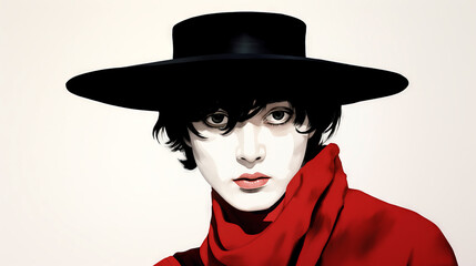 Fashion illustration of a beautiful man in hat and red scarf