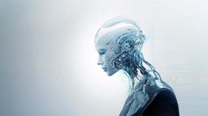 3D rendering of a female robot with cyborg head and brain - obrazy, fototapety, plakaty