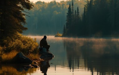 Lone Fisherman at the early morning light reflecting off the water, capturing patience and tranquility.