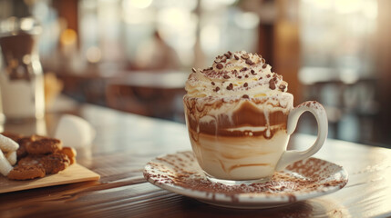 A breakfast with cake and coffee on a table in a cute cafe