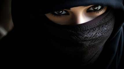 Close up portrait of a beautiful arabic woman in black hijab - obrazy, fototapety, plakaty