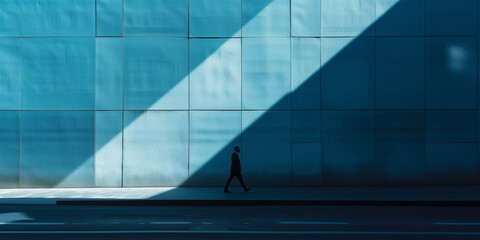 Une silhouette d'homme costumé marche dans un décors abstrait, géométrique et bétonné, monochrome de bleu - obrazy, fototapety, plakaty