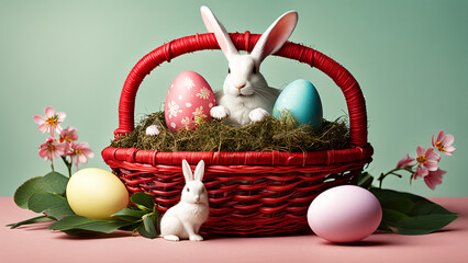 Easter white bunny sits next to a wicker basket with festive Easter eggs, decorated with spring flowers